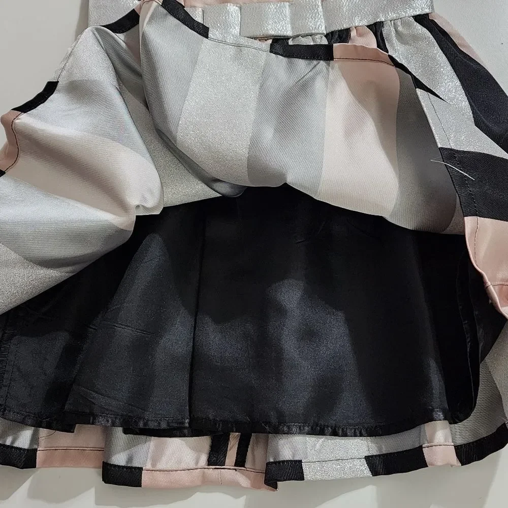 Elegant Metallic Silver Glitter Pink Black Striped Pleated Dress Size 5